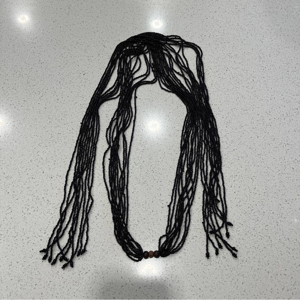 Vintage Bali 32 In Multi Strand Wood And Black Seed Bead Lariat Necklace Or Belt